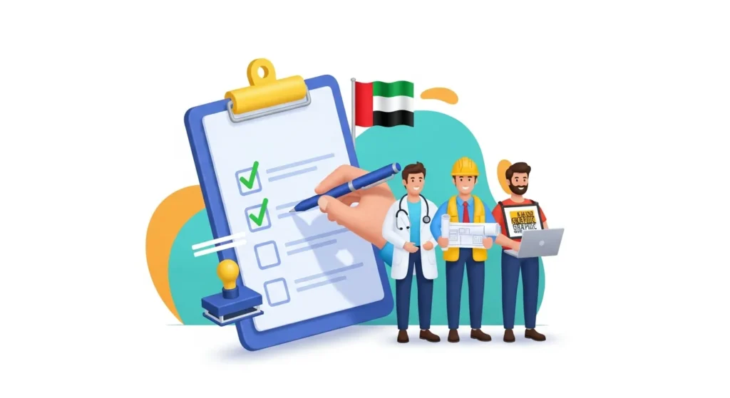 three diverse professionals standing together, Dubai Professional License