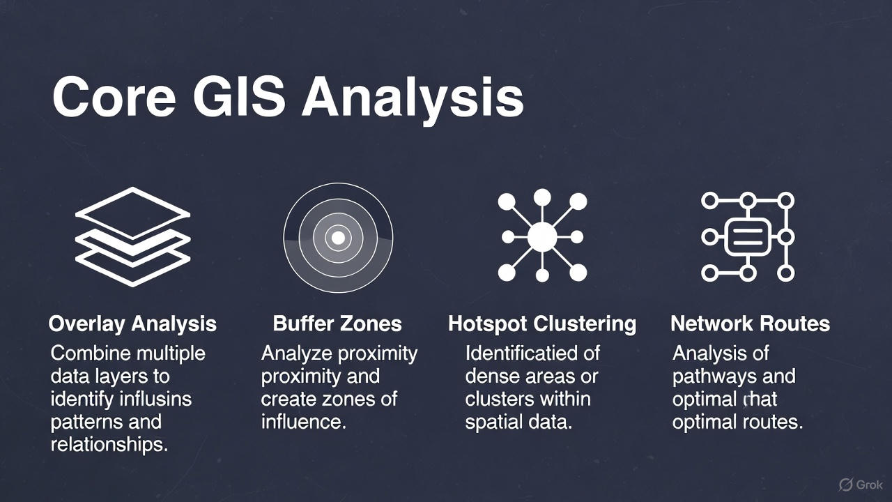 GIS analysis techniques diagram showing overlay and buffer analysis