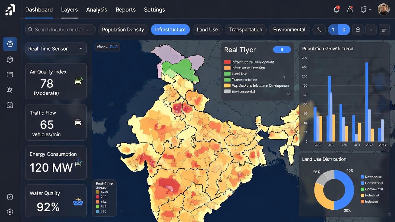 GIS Analytics dashboard showing smart city GIS map with spatial data layers